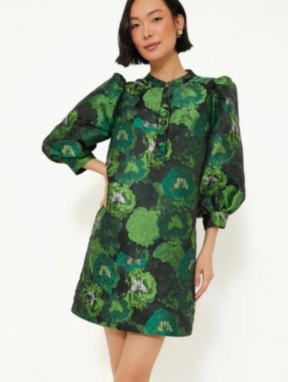 Pomander Place Green Floral Brocade Puff-Sleeve Mini Dress Size M